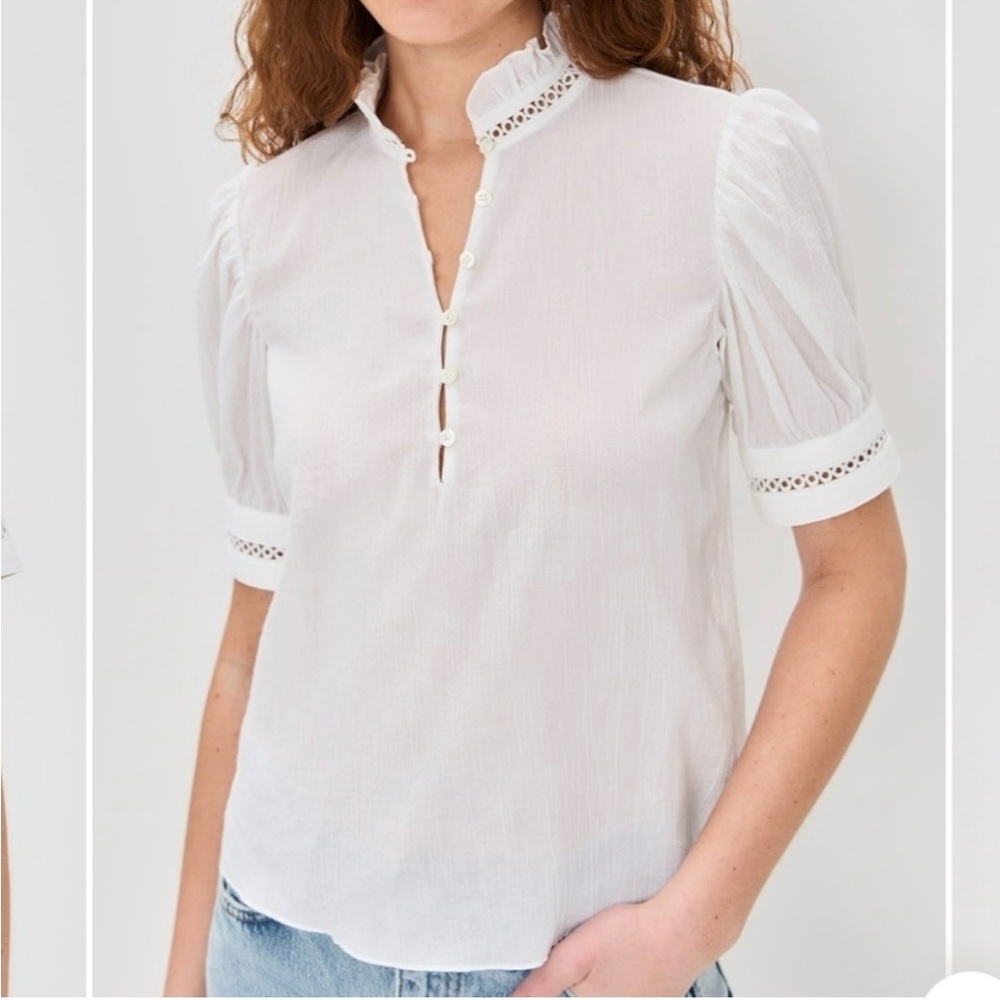 Frame Denim White Lace-Trim Buttoned Puff Sleeve Blouse size XS
